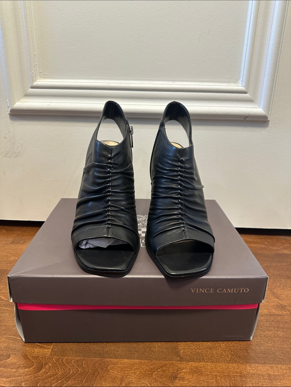 Vince Camuto Black Ruched Peep-Toe Slingback Booties